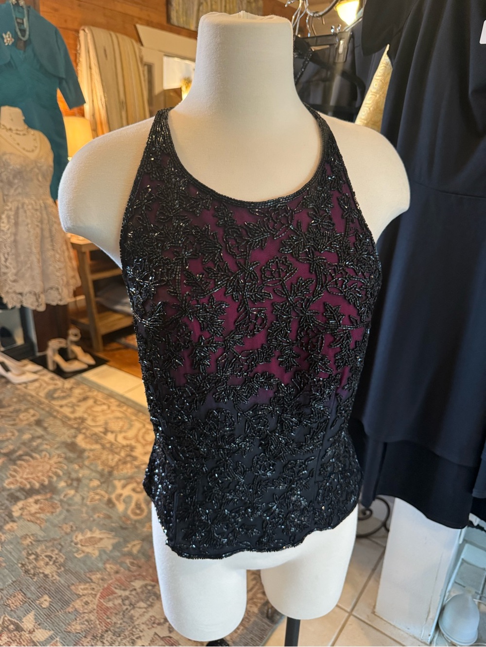 Sean Collection Black Beaded Halter Camisole over Pink